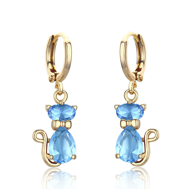 

Cute Kitten Cats Gatos Pave CZ Circle Loop Drop Dangle Earrings For Women Girls Kids Children Gold Color Jewelry Aros Aretes