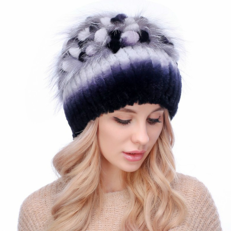 

Rex Fur Knitted Hat Ladies Fall Winter Fur Floral Earmuffs Cap Women Korean Thick Warm Fashion Girl Beanie Caps H7040, Style6
