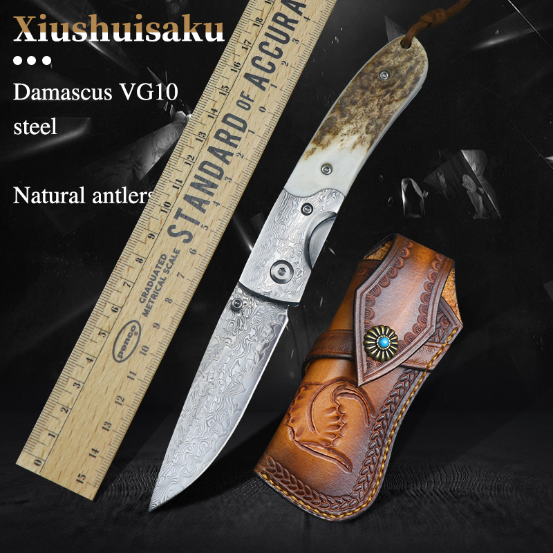 

Damascus steel folding knife natural antler handle pocket knife outdoor pocket camping knife survival hunting tactics EDC tool