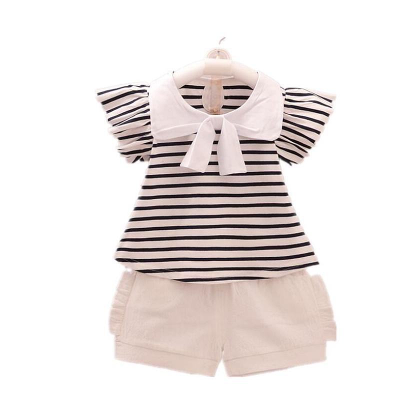 

2019 New Summer Fly sleeve Striped Top Shorts Suits Costume Outfits 2Pcs Toddler Newborn Kid Baby Girls Clothes Set, Red