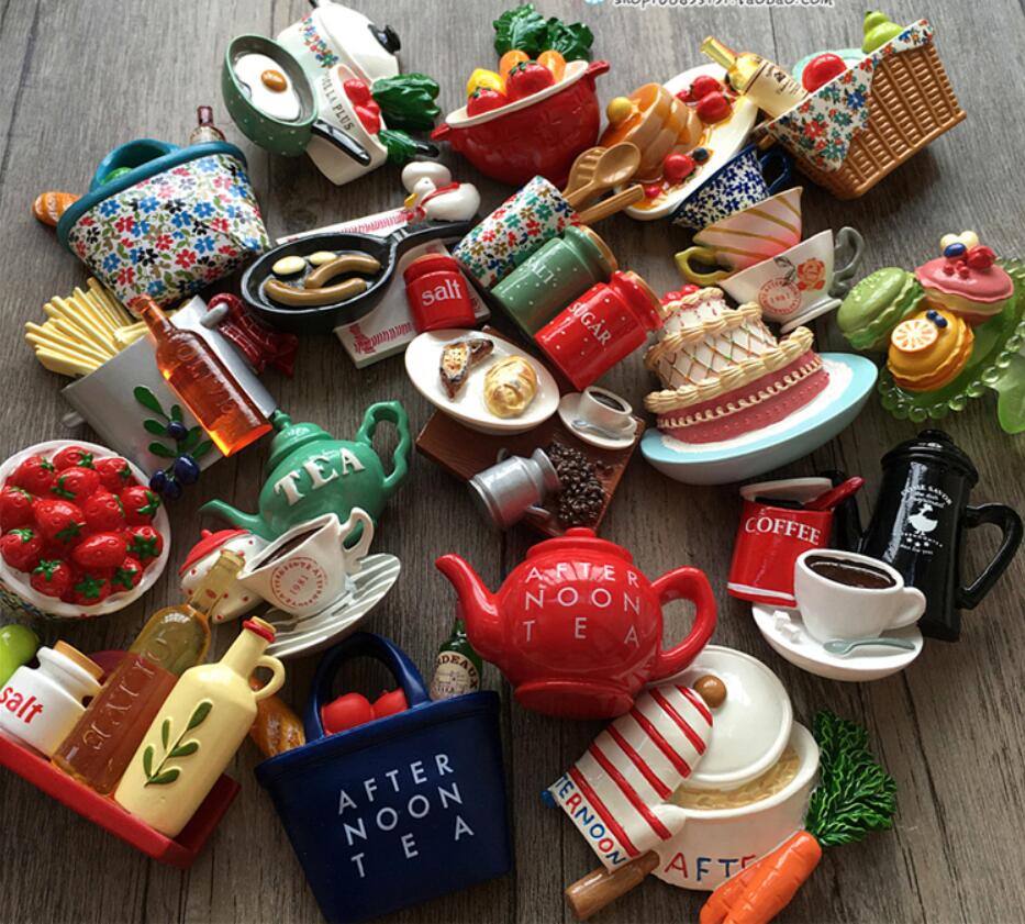 Fridge Magnets Cartoon dessert Kitchen coffee cake macarone teapot afternoon tea stickers resin refrigerator sticker-image-567273434