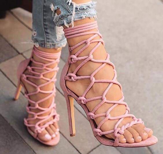 

Sexy Cut-outs Lace-up High Heels Gladiator Sandals Women Cross-tied Cage Rope Back Zipper Casual Party Shoes Lady Stiletto Heels, As picture
