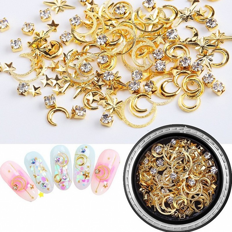 

1pcs Metal Nail Studs 1BOX 3D Charm Metal Moon Stars Hollow Rivets For Nails 6*9mm Nails Art Decorations Gel Polish Studs G35-25