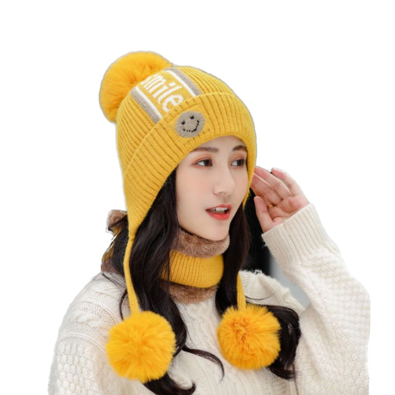 

Autumn Winter Hat Women Thick Warm Velvet Fur Ski Earflap Cap Pompoms Knitted Hat Lady Skullies Beanies Women Beanie Sets, White