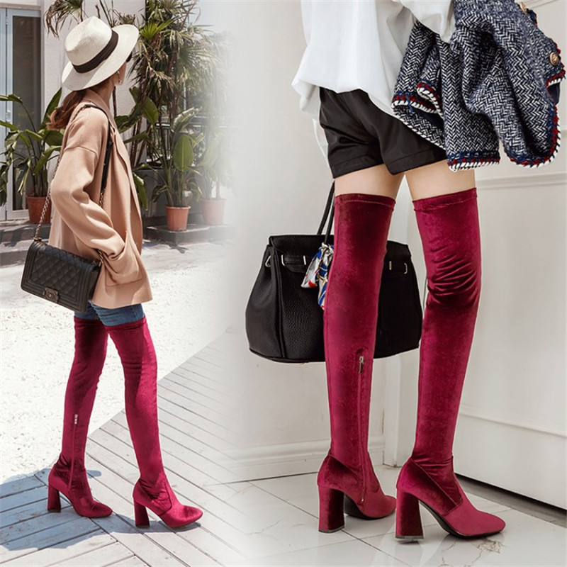 

PXELENA Sexy Thin Slim Fit Flock Thigh High Boots Women Block High Heels Over The Knee Boots Side Zipper Fashion 5 Colors, Apricot