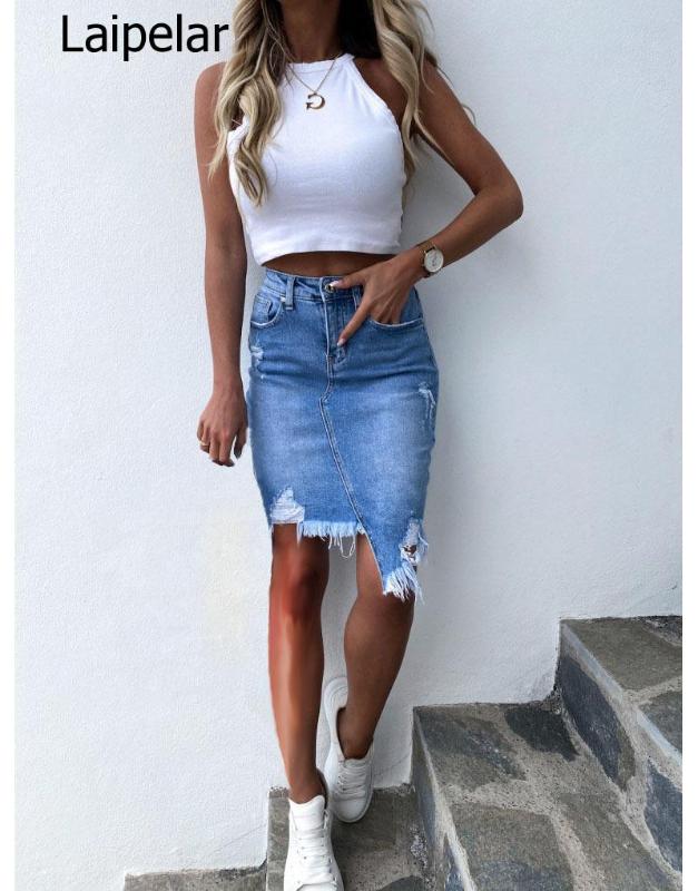 

New Woman Trendy Retro Washed Irregular Denim Skirt Female Summer High Waist Denim Skirts Elastic Bodycon Hip Saia Jeans, Blue