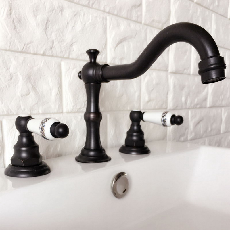 

Black Oil Rubbed Brass Widespread Dual Handle Bathroom Washing Basin Mixer Taps Deck Mounted 3 Holes Lavatory Sink Faucet ahg067