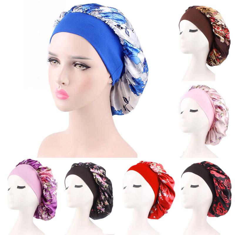 

7 Colors Women's Casual Imitation Silk Printed Night Sleep Cap Hair Hat Head Cover Wide Adjust Elastic Hats