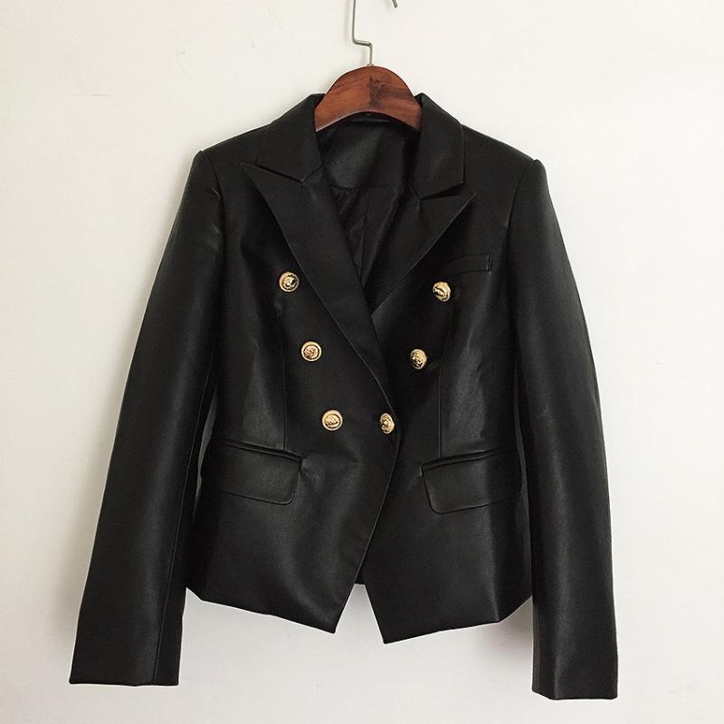 

New high quality synthetic leather head metal button double breasted suit slim leather coat, Black
