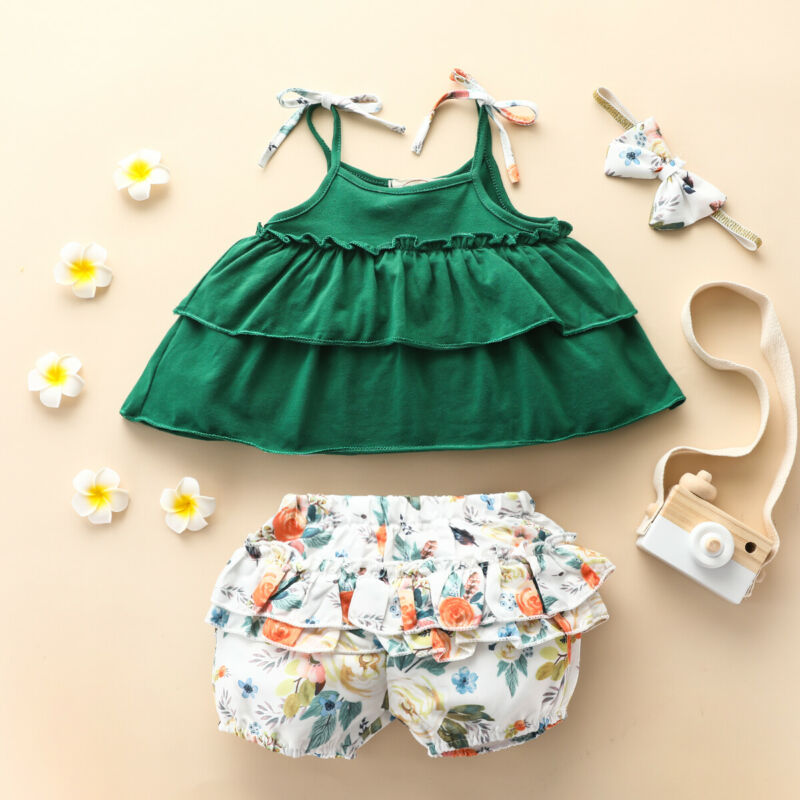 

New Toddler Baby Kid Girls Flower Clothes Set Casual Ruffles Vest Tops Flower Shorts Summer Beach Outfits, Green