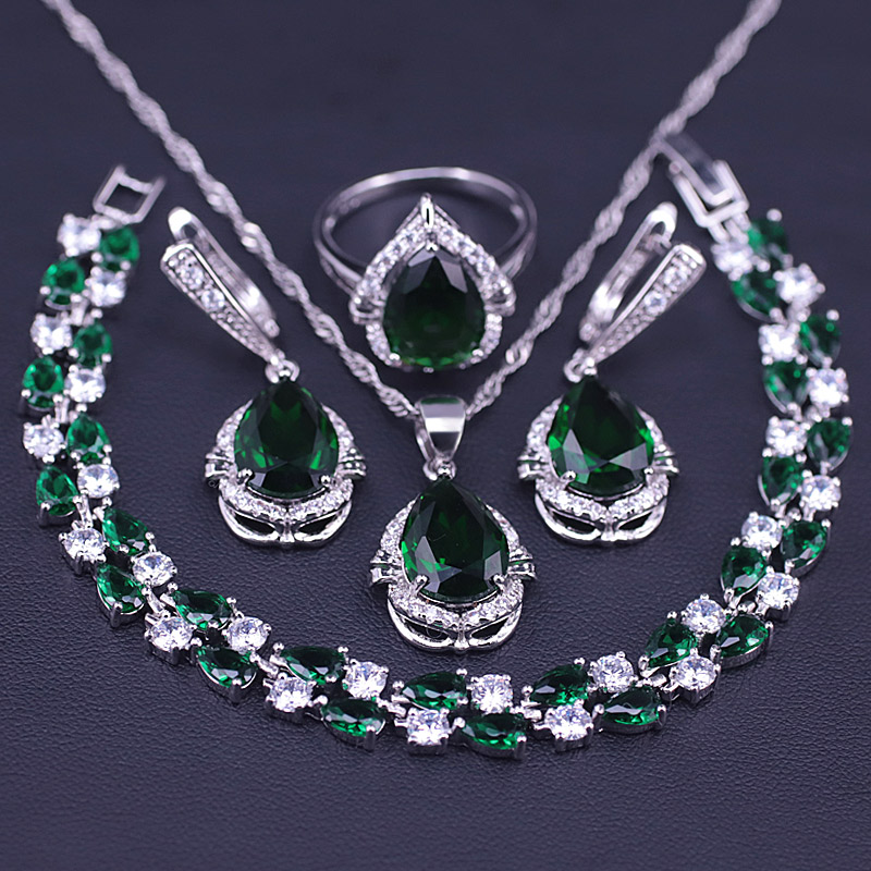 

Russian Green Stone Silver Color Costumer Jewelry Set For Women Rings Earrings Necklace Bracelet Set In Store, As pic