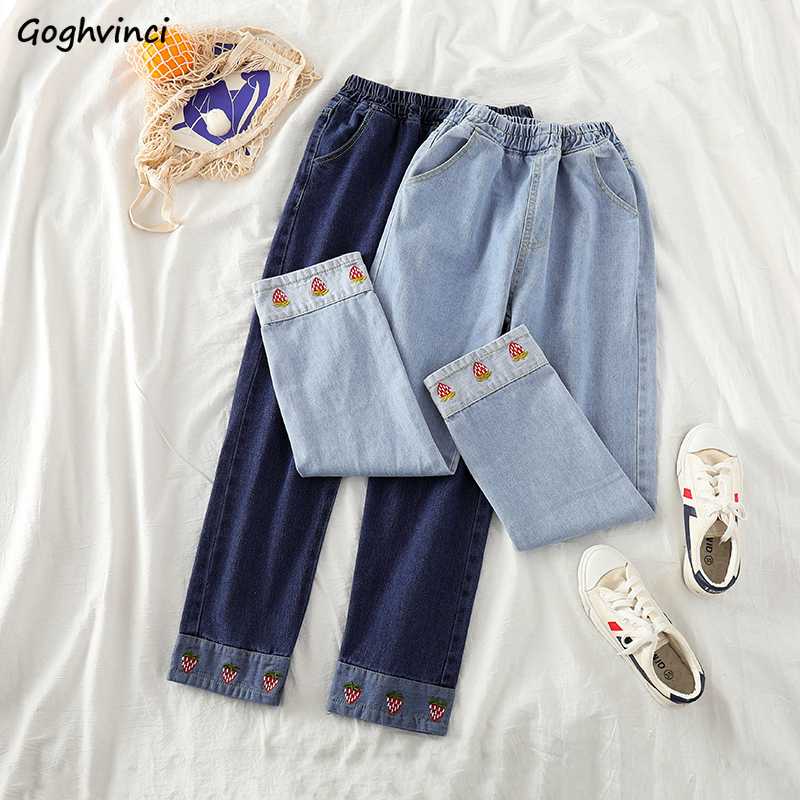 

Jeans Woman High Waist Ankle-length Embroidery Cute High Quality Printed Casual Korean Style Loose Straight Students All-match, Light blue