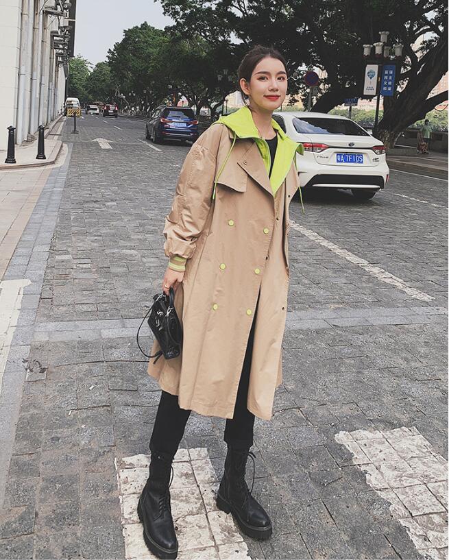 

Fashion Korean Style Long Sleeve Loose Female Hooded Long Coat Women Oversized Trench Coat Retro Frock Windbreaker, Black