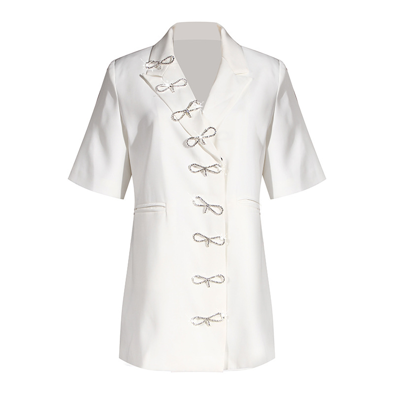 

Women Notched Neck Rhinestones Bow Split Blazer Short Sleeve Loose Suit Jacket 2020 Summer New Fashion Jacket, Black