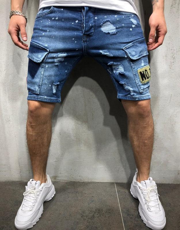 

Men Jeans Hot Summer Shorts Straight Elasticity Cotton Ripped Broken Holes Distressed Hip Hop Light Blue Fashion Fake Zippers