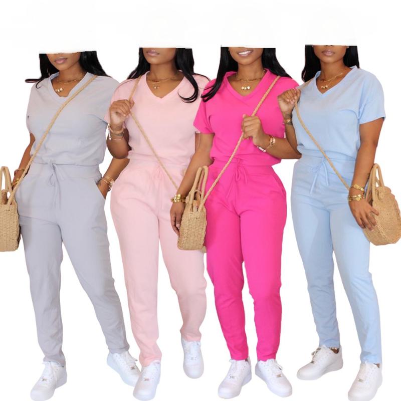 

Solid Casual Two Piece Set Sweatsuit Women V-Neck Short Sleeve Slim T Shirt and High Waist Long Pants Plus Size Summer Outfits, Blue