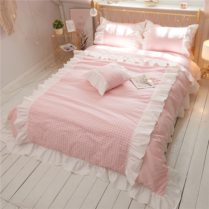 

100% Cotton Sweet Pink Purple Princess Girls Bedding Chic Ruffles 4Pcs  Queen King Down Duvet Cover Bed Sheet 2 Pillowcases, Color 1