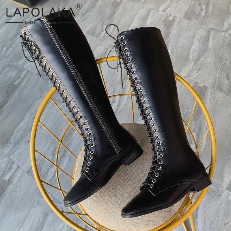 

Lapolaka 2020 New Design Spring Autumn Shoes Woman Boots Female Zip Up Chunky Heels cross-tied Knee High Boots Women Shoes, Black