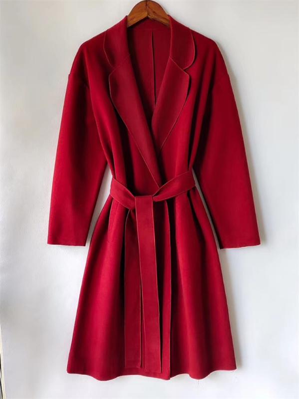 

Wool Women Coats Red Burgundy Fine-knit Trench Coat