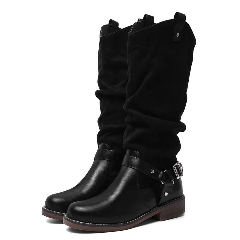 

Patchwork Flock PU Buckle Fashion Knee High Boots Casual Round Toe Slip on Winter Warm Fur Women Shoes 2020, Yellow