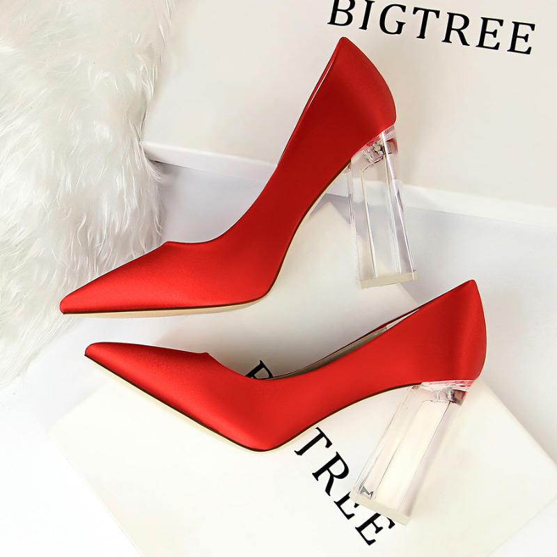 

2993-1 fashion transparent crystal heel high heels Satin pointed sexy high heels wedding shoes women's single shoes, Red