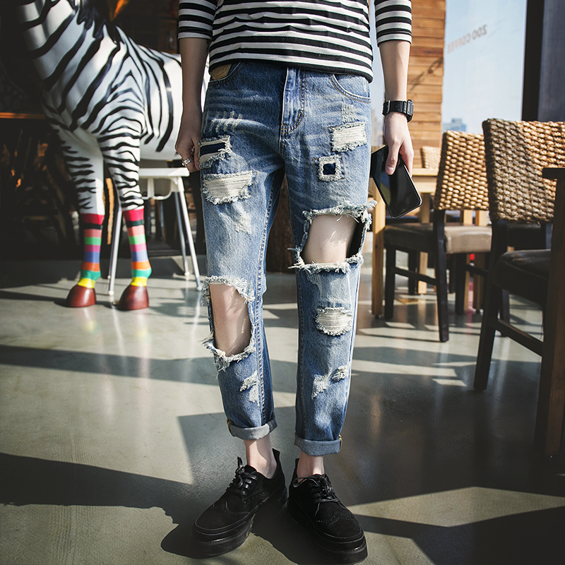 

28-36 ! 2020 New men's clothing Male big hole beggar knee pants loose denim distrressed harem pants Singer costumes, Beige
