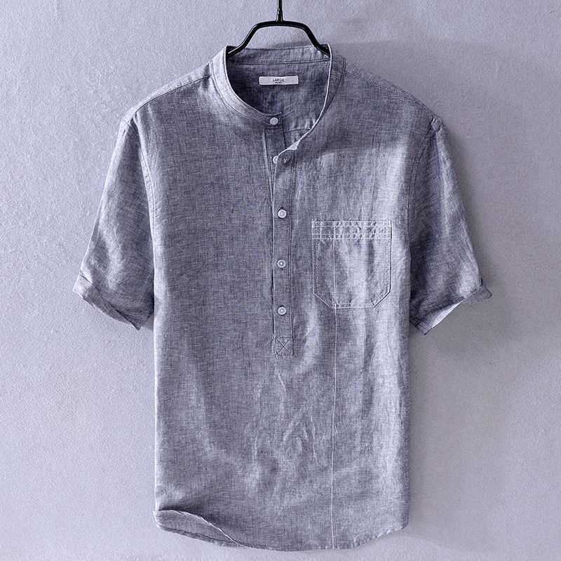

New arrival stand collar summer shirts men brand casual gray shirt for men fashion breathable shirt male solid camiseta chemise