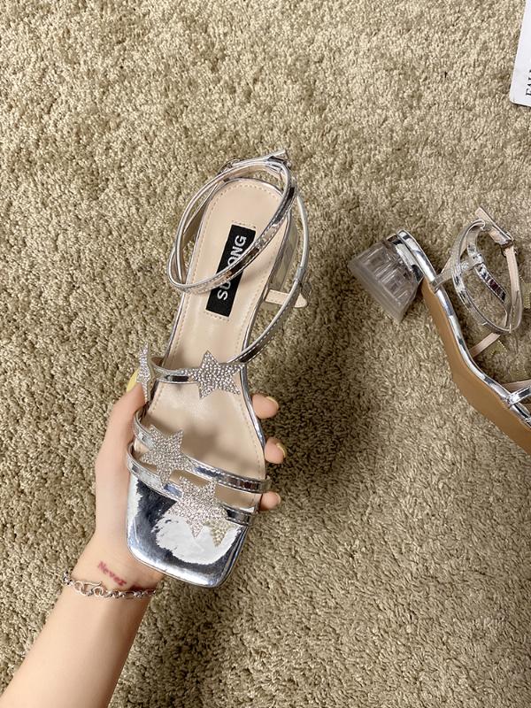 

Summer new Korean fashion square head chunky heel Roman shoes, Gold