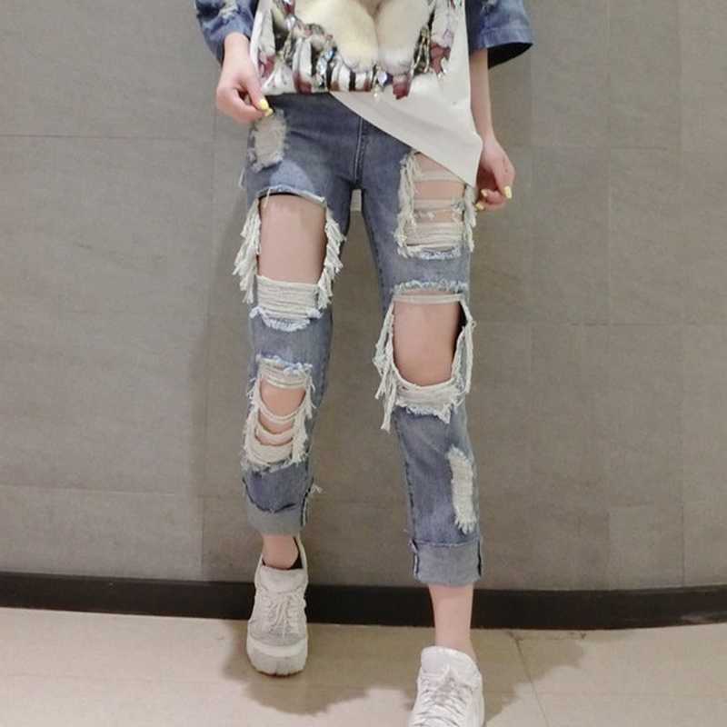 

Europe New 2020 Summer Women High Street Fashion Vintage Big Hole Personality Denim Straight Pants Ladies Casual Cuffs Trousers, Blue
