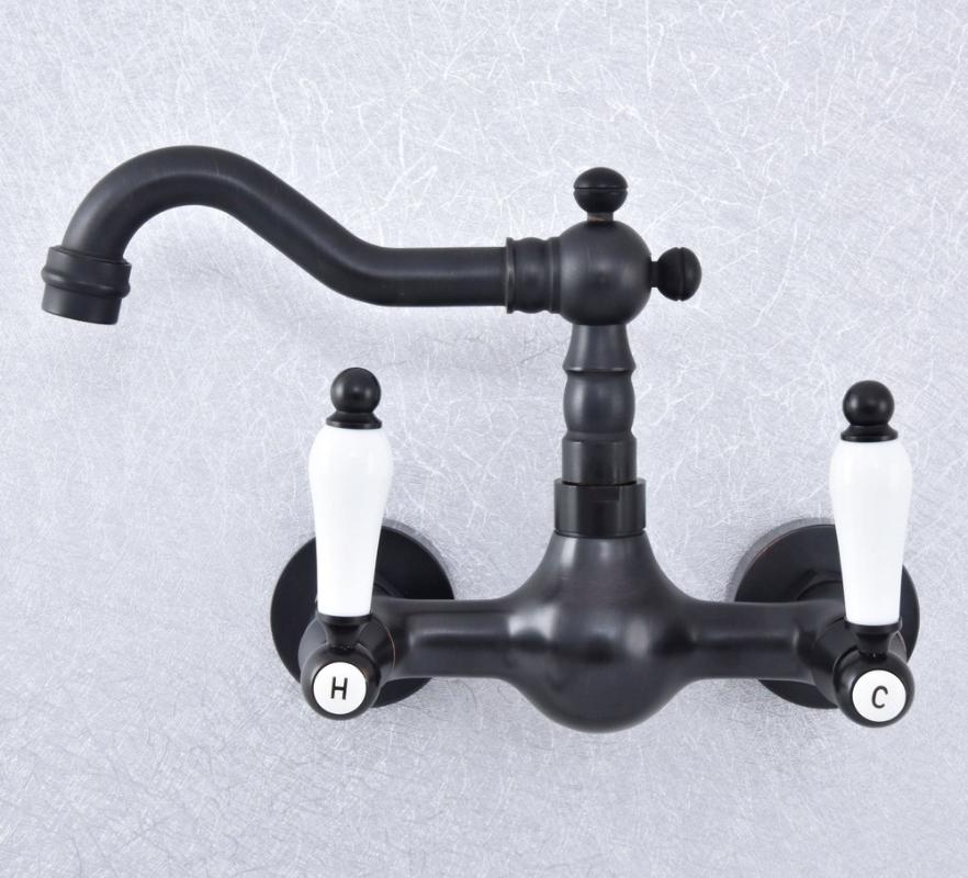 

Black Oil Rubbed Bronze Wall Mounted Double Ceramic Handles Bathroom Kitchen Basin Sink Faucet Tap Lsf704