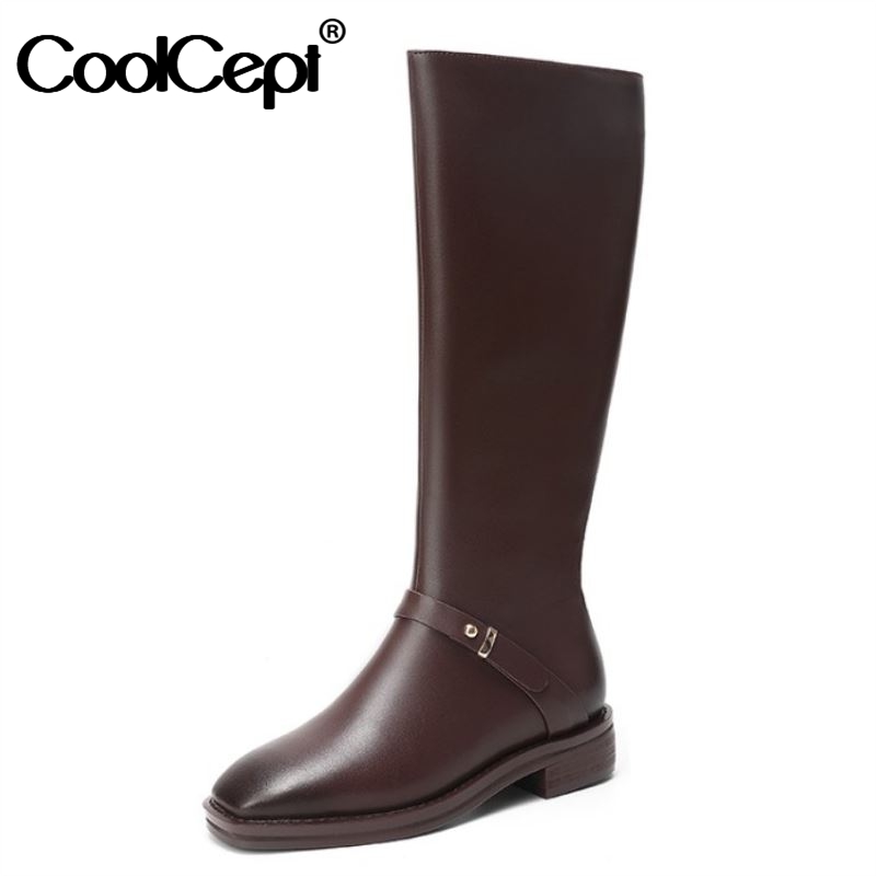 

CoolCept Real Leather Women Knee Boots Flats Square Toe Zipper Shoes Buckle Warm Boots Fashion Women Party Footwear Size 35-43, Black