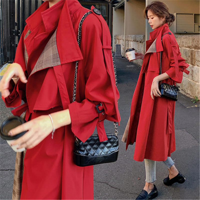 

2020 Spring Autumn Plus Size Windbreaker Women' mid-length Korean Retro red Plaid Stitching Loose Long Trench Coats G496