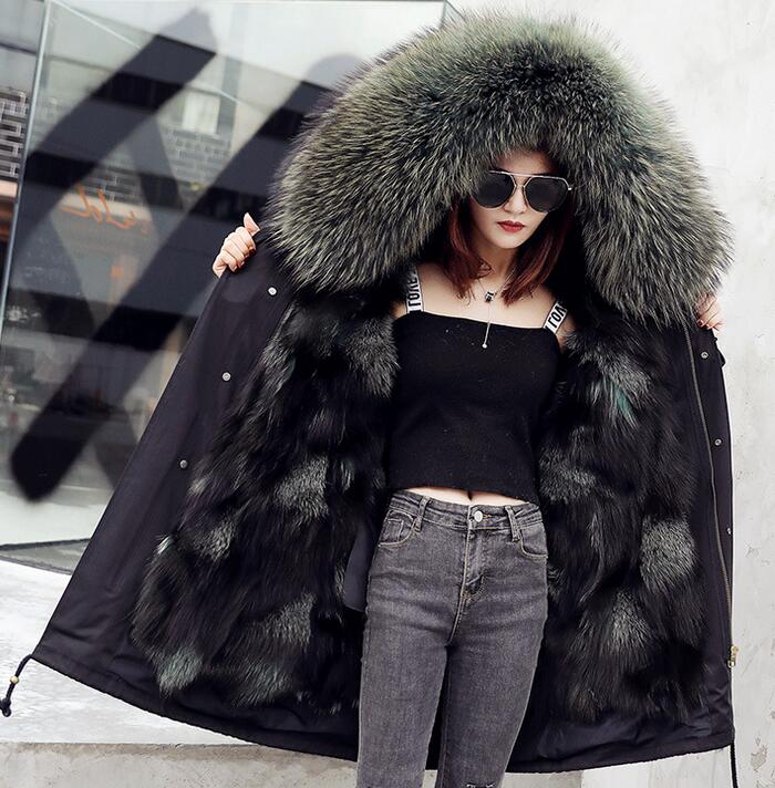 

Fashion silver fox fur trim mukla furs silver grey fox fur lining X-long black women parka warm winter female coats with ykk zipper, Silver black white