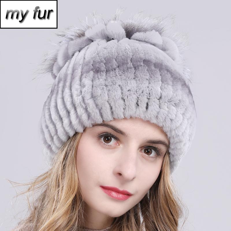 

2020 Women Natural Real Rex Fur Beanies Hats Winter Warm Knitted Rex Fur Caps New Female With Skullies Hat, Color 1