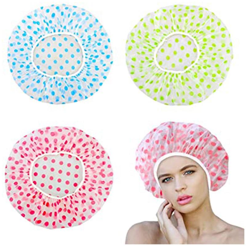 

3PCS Elastic Waterproof Shower Cap Reusable Shower Cap Fashion Waterproof Wave Point Bath Hat For Women Bathroom Tool Towel, As pic