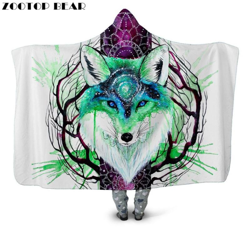 

Lightweight Hooded Blanket White Wearable Animal Throw Blankets Woman Popular Fashion 3D print Wolf Soft Portable Adult Bedding