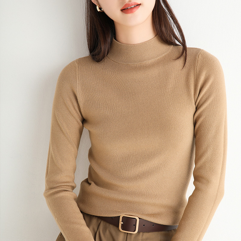 

Women' Cashmere Half-Collar Top Bottoming Shirt New Style for Autumn and Winter Slim-Fit Long-Sleeve Knitwear Sweater, Khaki