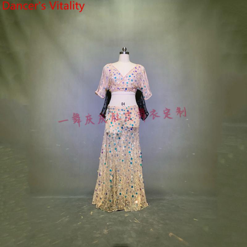 

Customized Belly Dance Sequin Lace Top Perspective Skirt Women Oriental Drum Dance Group Competition Stage Wear Set, Such as the picture