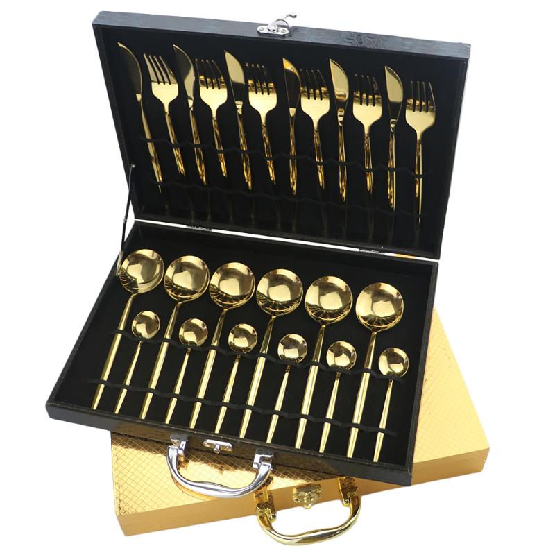 

24PCS Luxury Rainbow Gold-Plated Dinnerware Set 18/10 Stainless Steel Cutlery Set Knife Fork Spoon For Hotel Tableware Gift