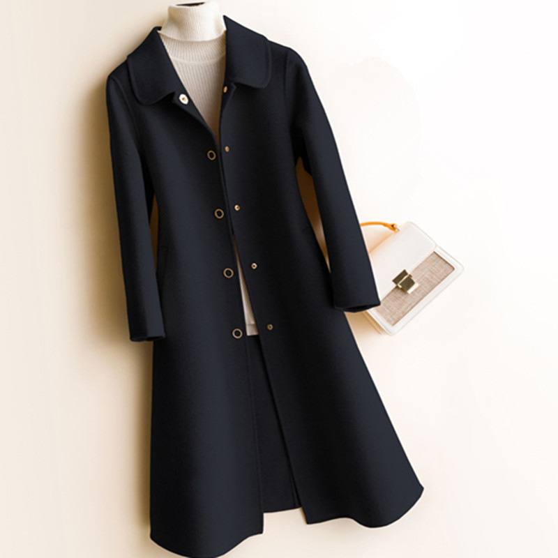

Long100% Wool coat women spring new black coat turn-down collar double cashmere slim women' wool overcoat pure woollen, See chart