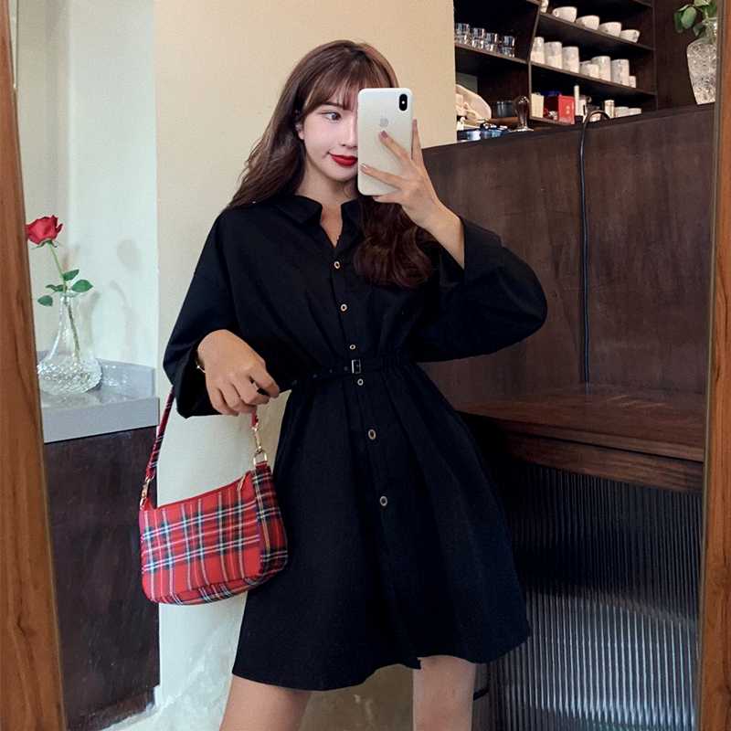 

Nus area B to accept the design feels niche couture show thin waist long sleeve shirt dress female temperament, Black