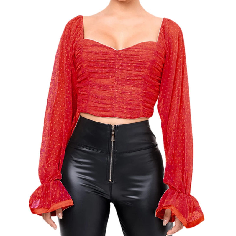

Polka Dot Blouse Women Mesh Shirts Tops Sweetheart Neckline Lantern Sleeve Ruched Blouse Vintage Shirt Red