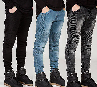 

Newly France Men Style Distressed Moto Pants Biker Light Grey Blue Black JEANS Distressed Moto Pants Biker
