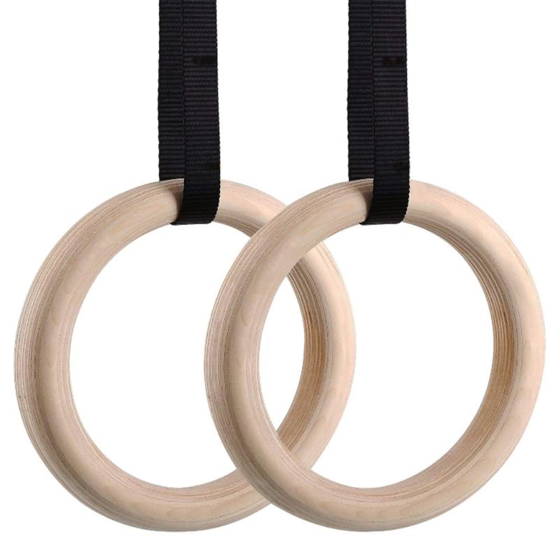 

2x Wood Gymnastic Rings With Adjustable Straps Heavy Duty Gym Equipment