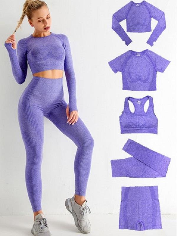 

Tracksuits spring summer Gymshark 5Pcs Womens Vital Seamless Yoga Set Workout Sports Wear Gym Clothing Shorts Long Sleeve Crop Top High Waist Leggings align pant, Purple
