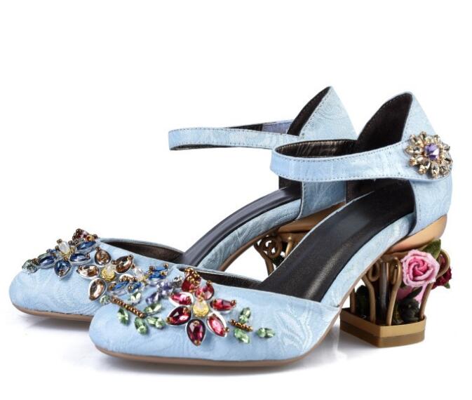 

Moraima Snc Caged Style Chunky Heels Woman Shoe Round Toe Crystal Embellished Ankle Strap Party Dress Heels Mary Janes, Black