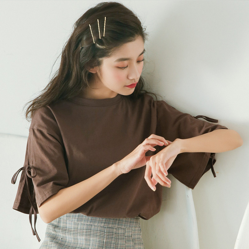 

harajuku Basic Cotton T Shirt Women Summer New short sleeve bow Solid Tees Casual Loose T-shirts Korean O Neck Female whtie Tops, Xiaox 586 xin