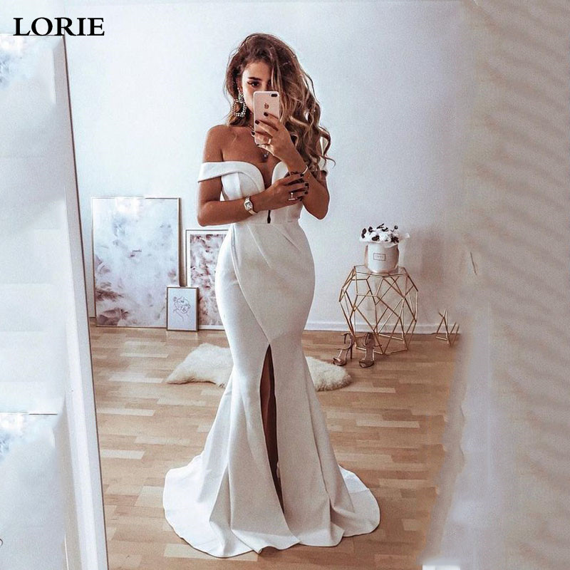 

LORIE Boho Mermaid Wedding Dress Front split Off The Shoulder Sexy Bridal Gown V Neck Wedding Bride Gowns Vestidos de novia, Ivory