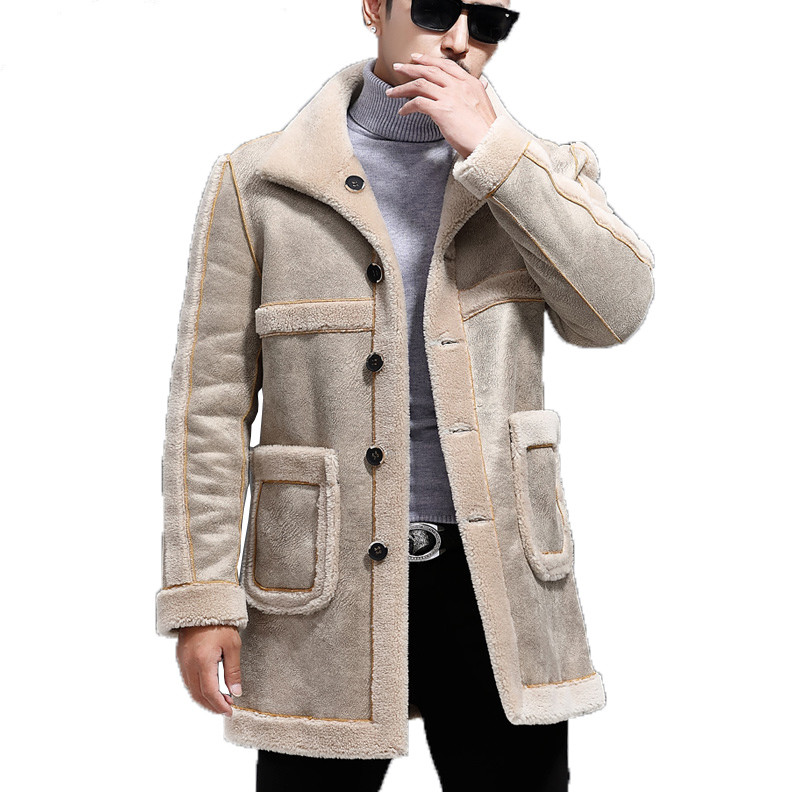 

Real Wool Fur Coat Men Long Fall Winter Jacket Man Sheep Shearing Mens Real Furs Two Side Wear Suede Jacket 80818 KJ1122, Beige