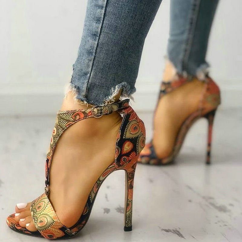

AGODOR Women T-strap Floral Sandals Open Toe Sexy Super Thin High Heel Pumps Buckle Multi Color Sandals Size 34-39, Yellow